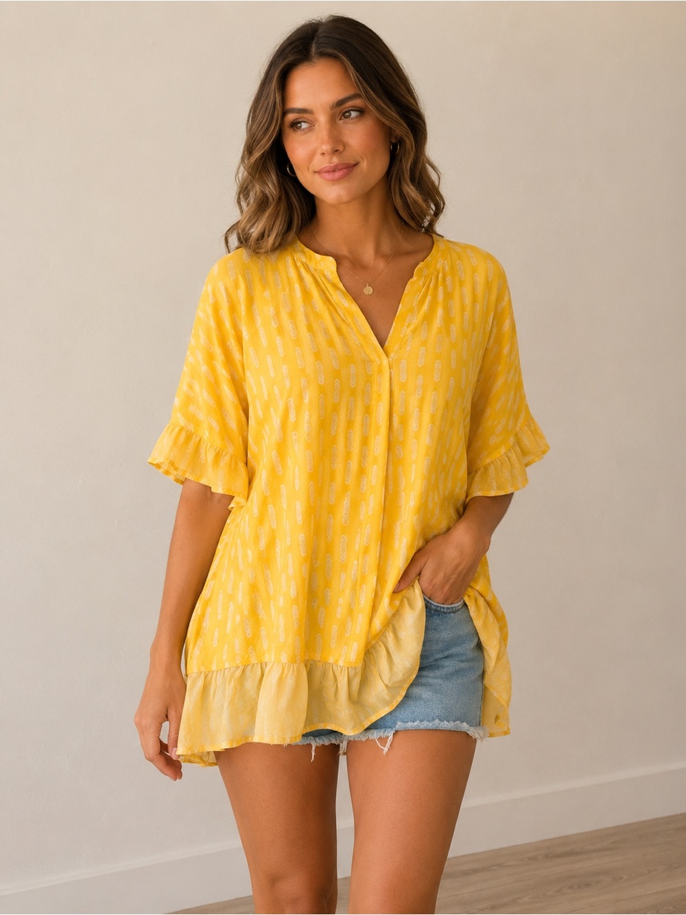 Matilda Jane Yellow Rayon Ruffle Tunic Top Size‎ Large Boho